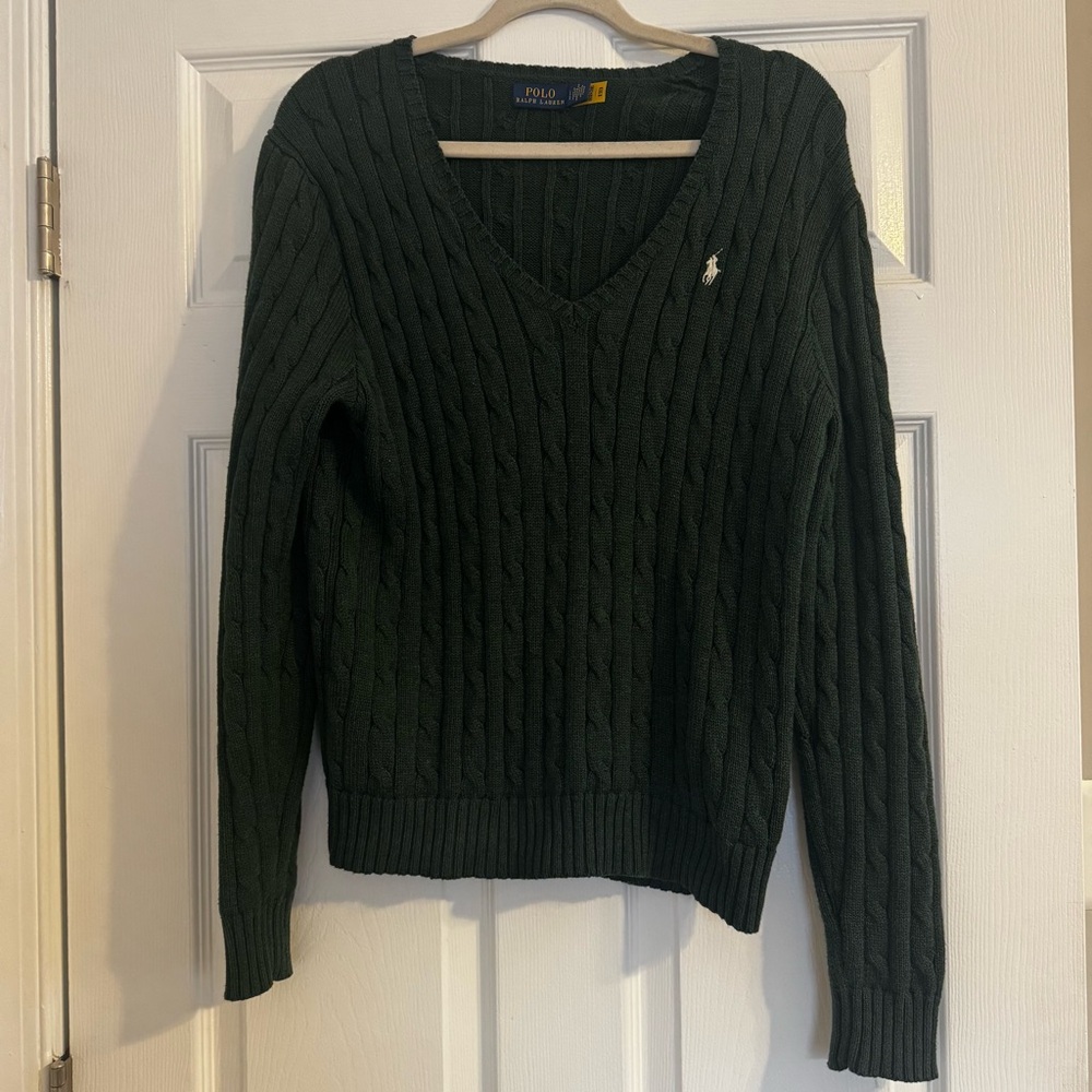 Ralph Lauren Ladies Cable-Knit Cotton V-Neck Sweater (fits like a Medium)
